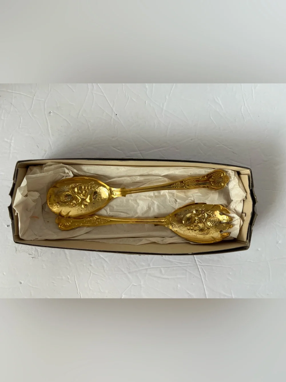 Vintage Sheffield England Gold Plated Salad Serving Set NOS Unused in Box